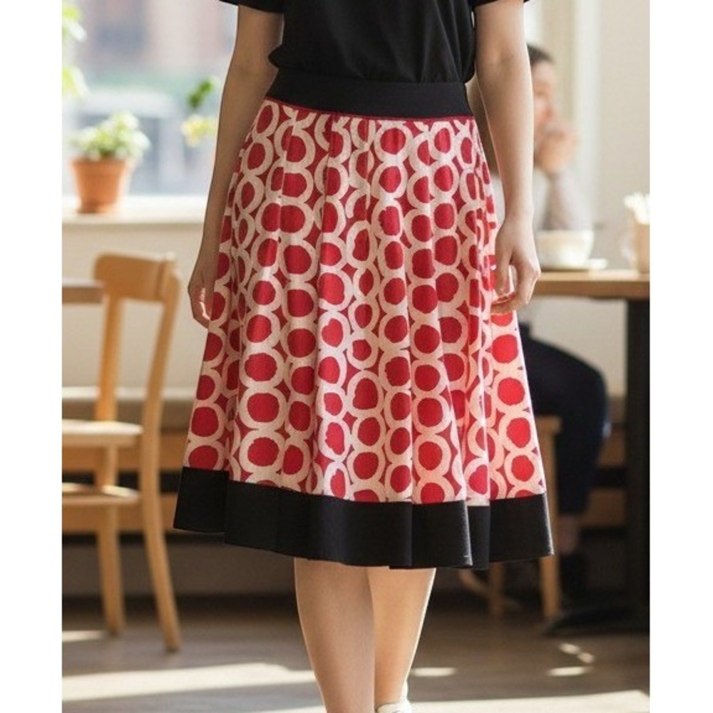 Laura Ashley Vintage Red White Circle Print A-Line Skirt Black Trim Size 8